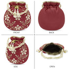 Royal Bloom Embroidered Pearl Potli Bag - Maroon