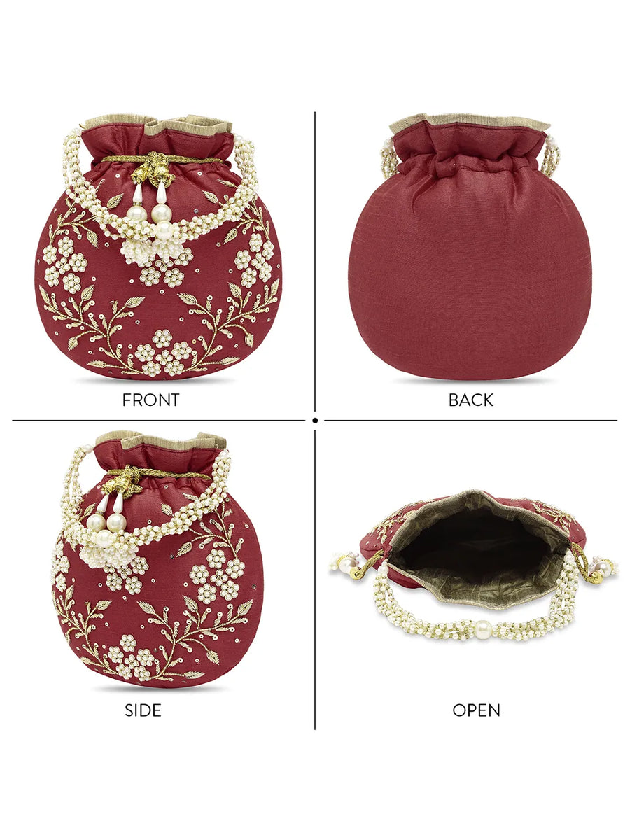 Royal Bloom Embroidered Pearl Potli Bag - Maroon
