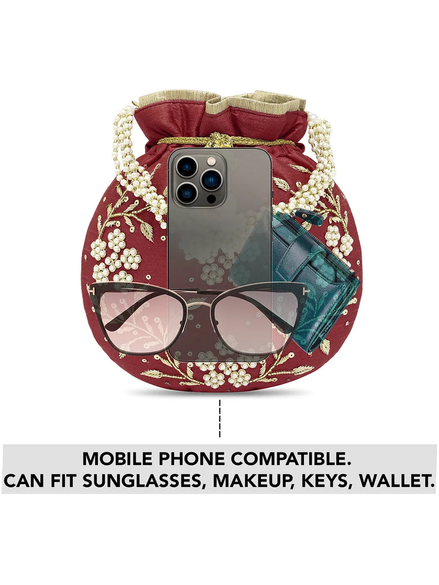 Royal Bloom Embroidered Pearl Potli Bag - Maroon