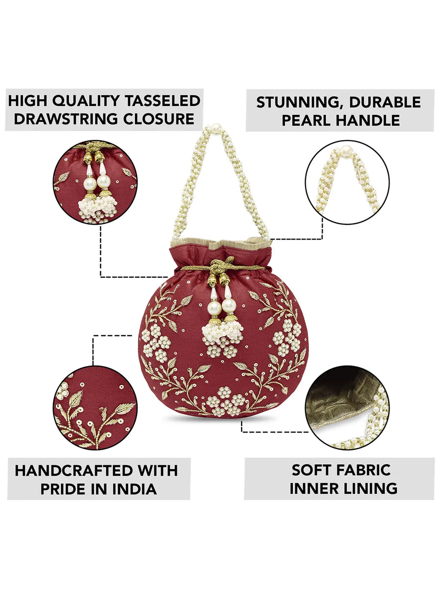 Royal Bloom Embroidered Pearl Potli Bag - Maroon