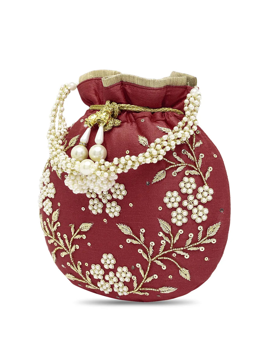 Royal Bloom Embroidered Pearl Potli Bag - Maroon