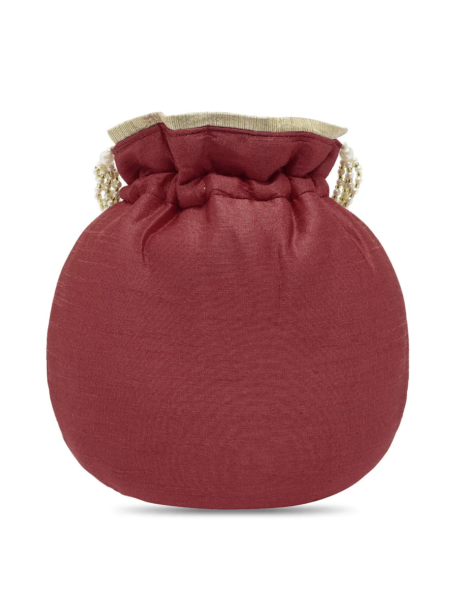 Royal Bloom Embroidered Pearl Potli Bag - Maroon