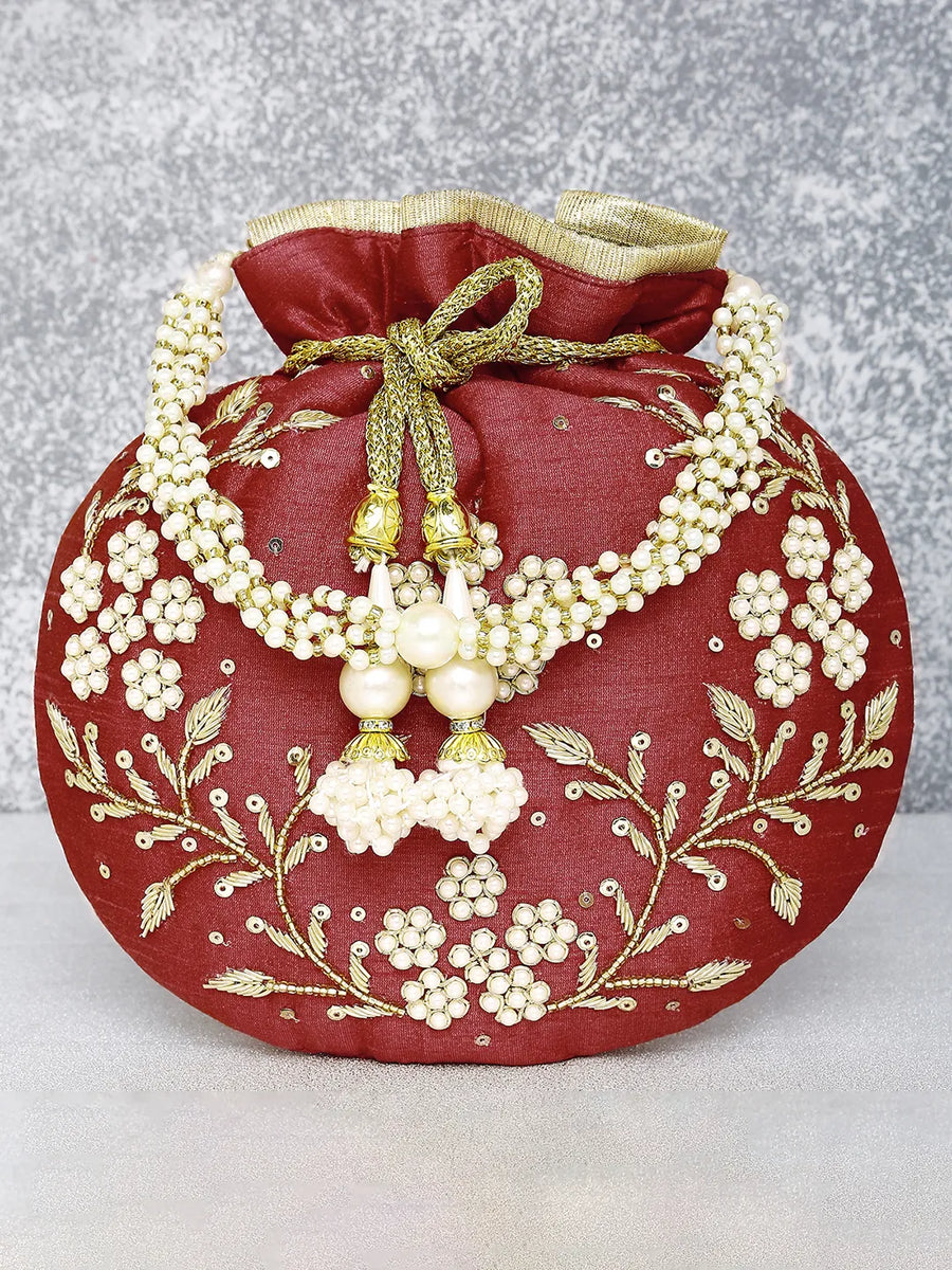 Royal Bloom Embroidered Pearl Potli Bag - Maroon