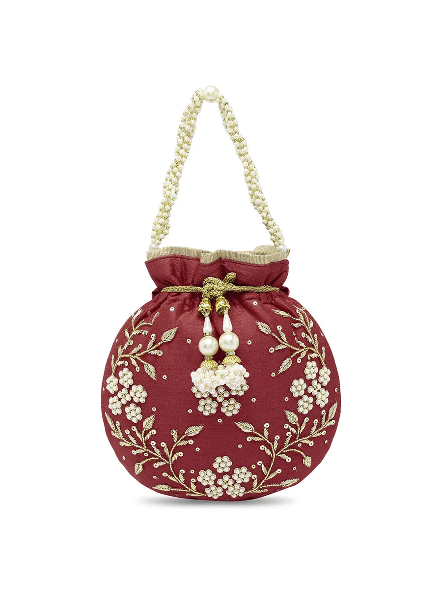 Royal Bloom Embroidered Pearl Potli Bag - Maroon