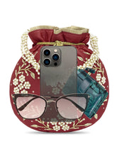 Royal Bloom Embroidered Pearl Potli Bag - Maroon