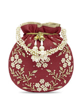 Royal Bloom Embroidered Pearl Potli Bag - Maroon