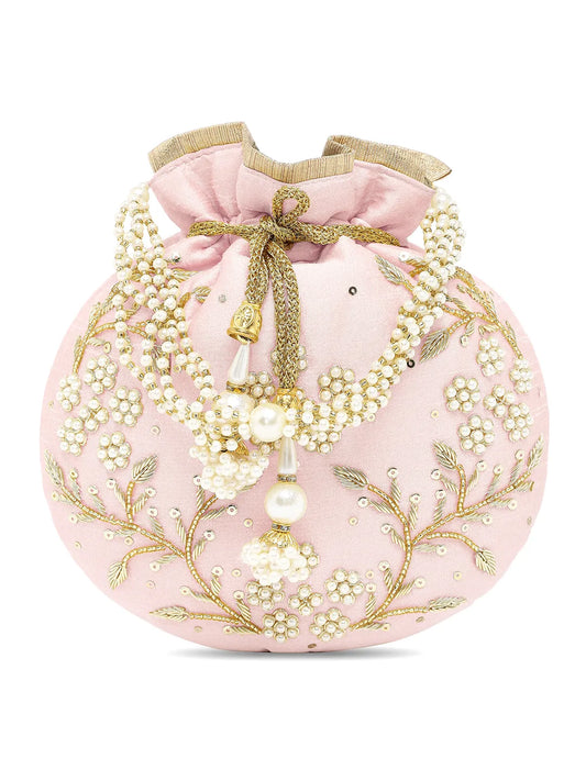 Royal Bloom Embroidered Pearl Potli Bag - Pink