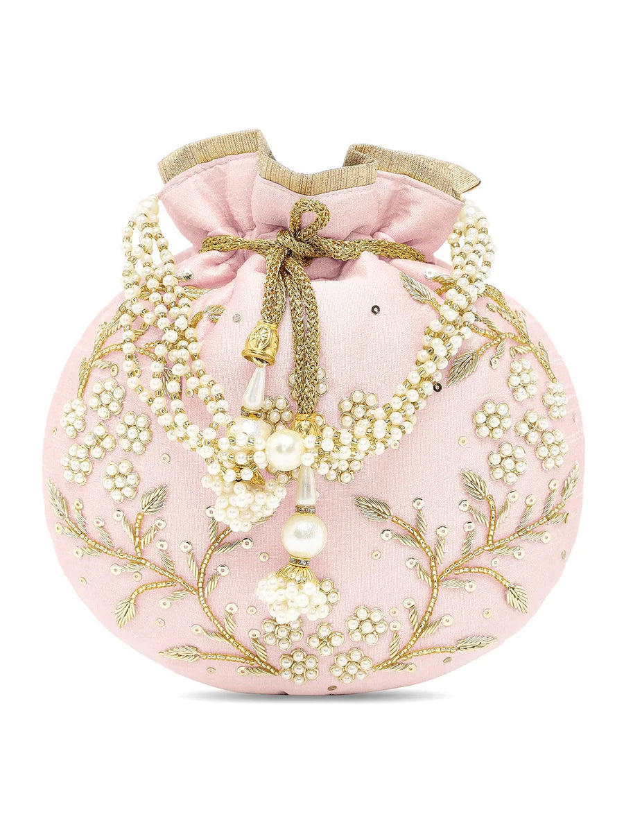 Royal Bloom Embroidered Pearl Potli Bag - Pink