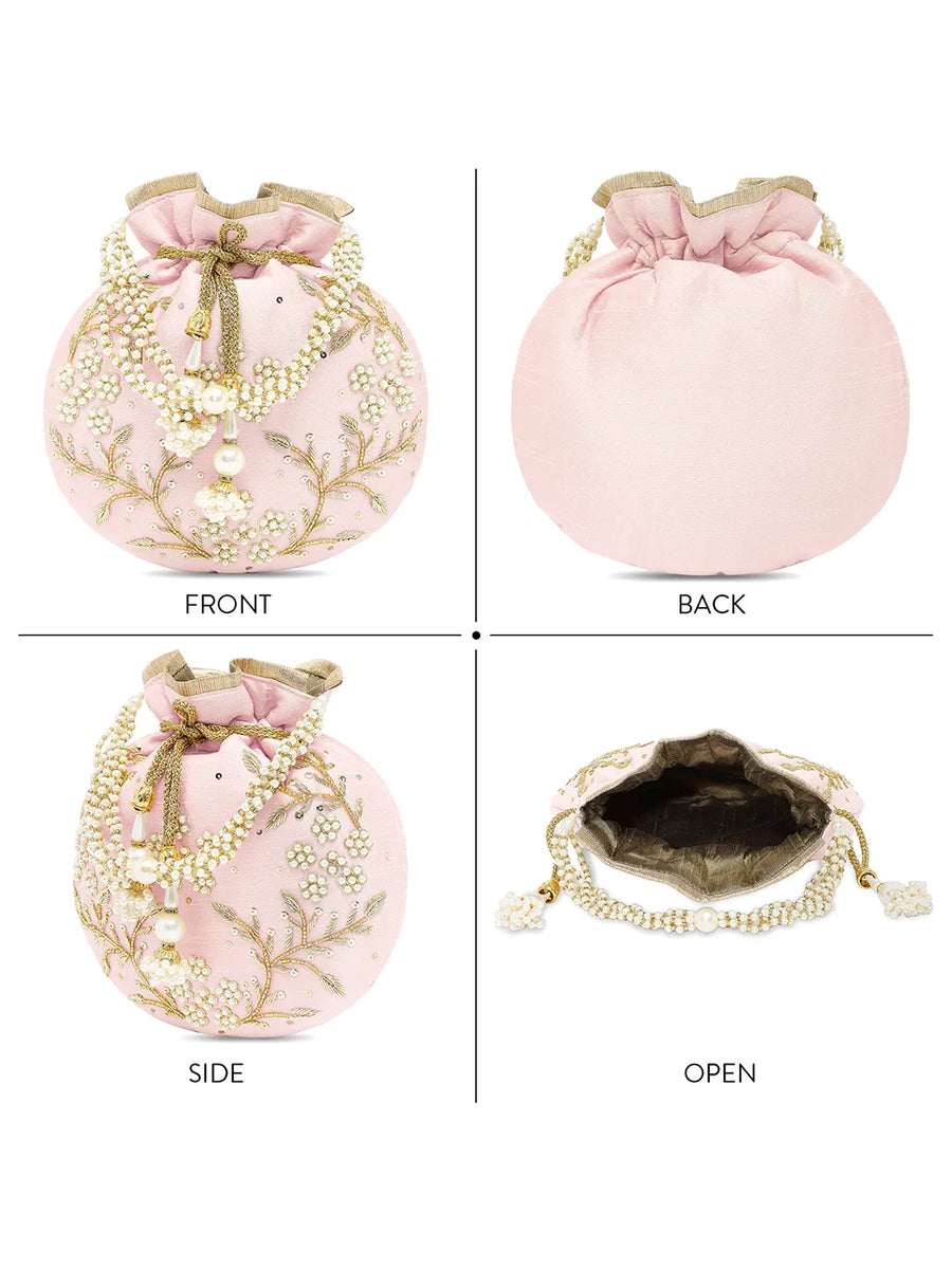 Royal Bloom Embroidered Pearl Potli Bag - Pink
