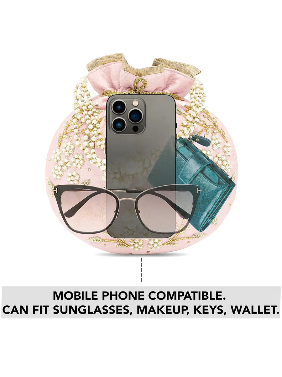 Royal Bloom Embroidered Pearl Potli Bag - Pink