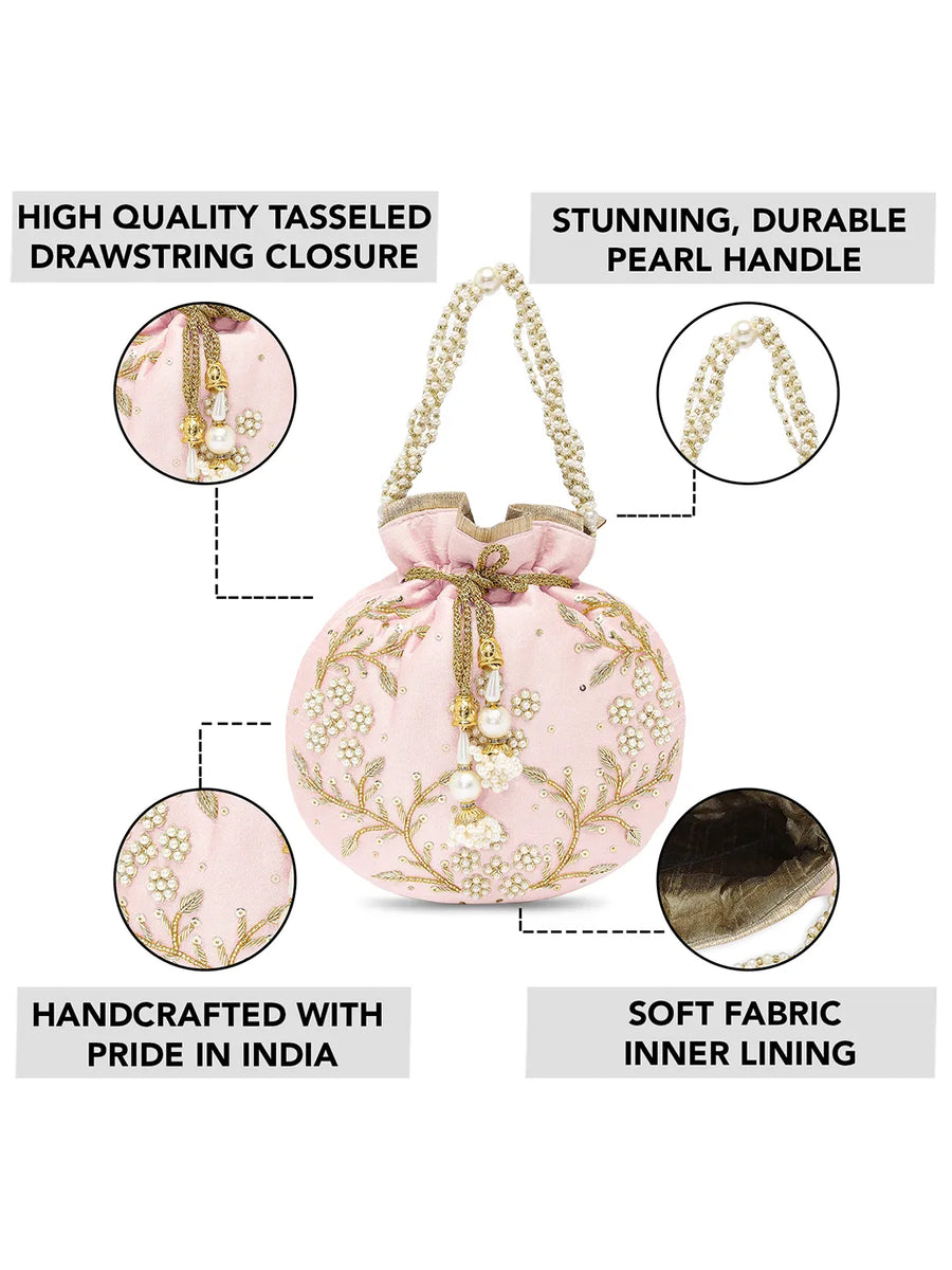 Royal Bloom Embroidered Pearl Potli Bag - Pink