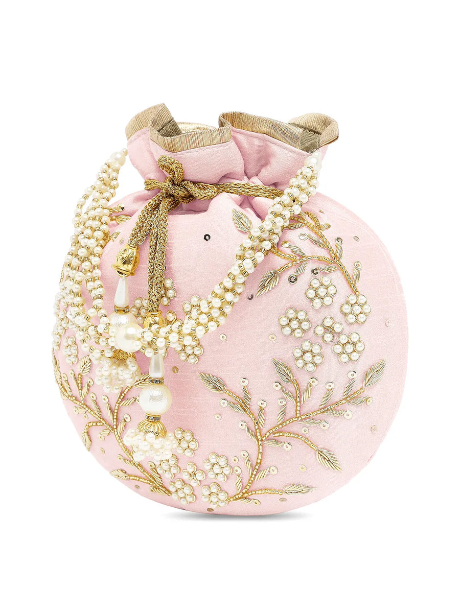 Royal Bloom Embroidered Pearl Potli Bag - Pink