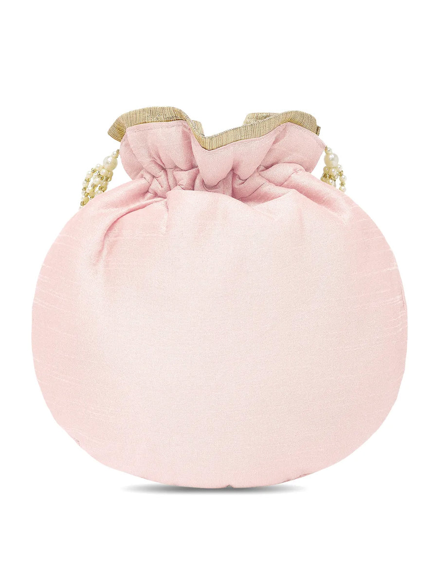 Royal Bloom Embroidered Pearl Potli Bag - Pink