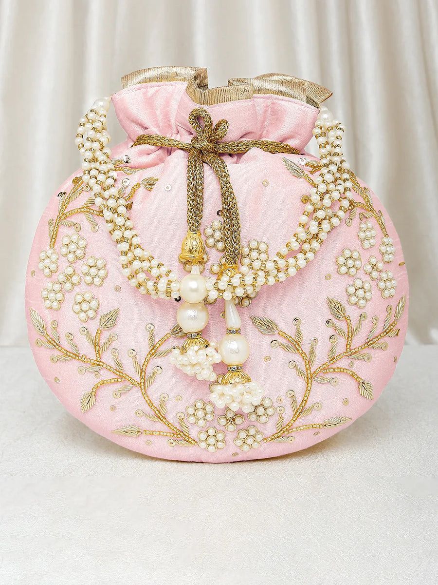 Royal Bloom Embroidered Pearl Potli Bag - Pink