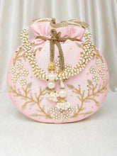Royal Bloom Embroidered Pearl Potli Bag - Pink
