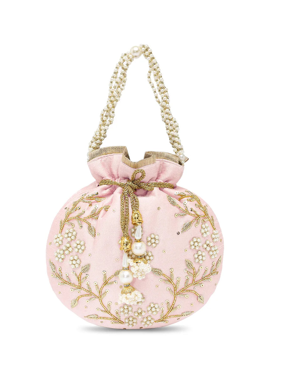 Royal Bloom Embroidered Pearl Potli Bag - Pink