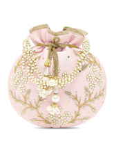 Royal Bloom Embroidered Pearl Potli Bag - Pink