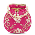 Royal Bloom Embroidered Pearl Potli Bag - Rani Pink