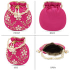 Royal Bloom Embroidered Pearl Potli Bag - Rani Pink