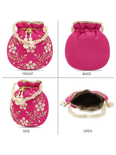 Royal Bloom Embroidered Pearl Potli Bag - Rani Pink