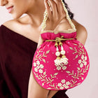 Royal Bloom Embroidered Pearl Potli Bag - Rani Pink
