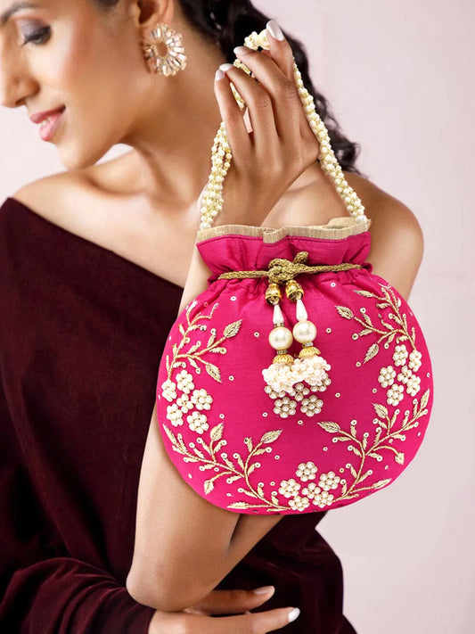 Royal Bloom Embroidered Pearl Potli Bag - Rani Pink