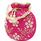 Royal Bloom Embroidered Pearl Potli Bag - Rani Pink