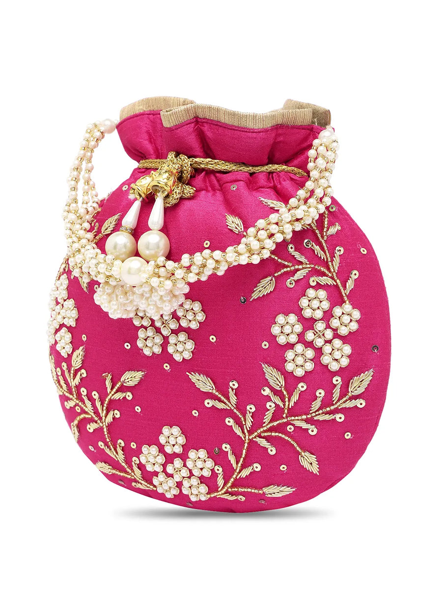 Royal Bloom Embroidered Pearl Potli Bag - Rani Pink