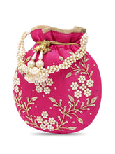 Royal Bloom Embroidered Pearl Potli Bag - Rani Pink