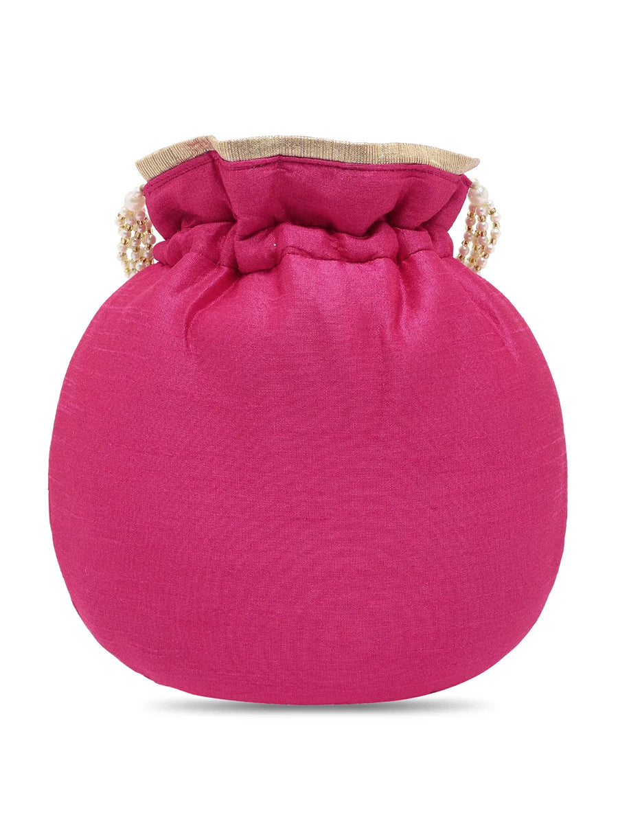 Royal Bloom Embroidered Pearl Potli Bag - Rani Pink