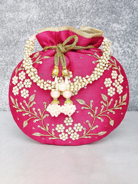 Royal Bloom Embroidered Pearl Potli Bag - Rani Pink