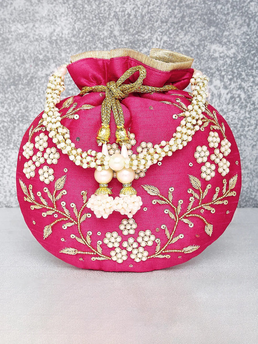 Royal Bloom Embroidered Pearl Potli Bag - Rani Pink