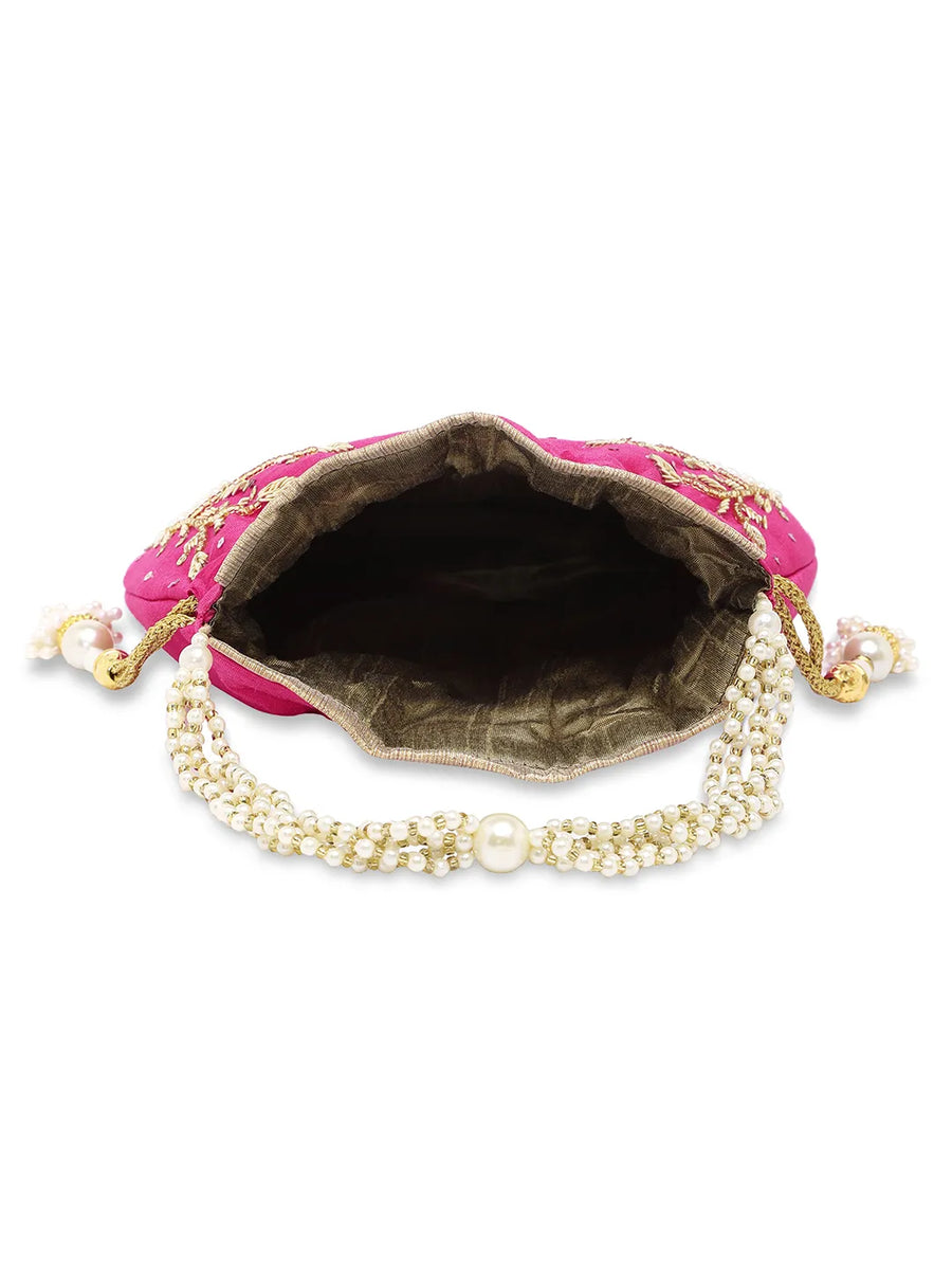 Royal Bloom Embroidered Pearl Potli Bag - Rani Pink