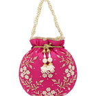 Royal Bloom Embroidered Pearl Potli Bag - Rani Pink