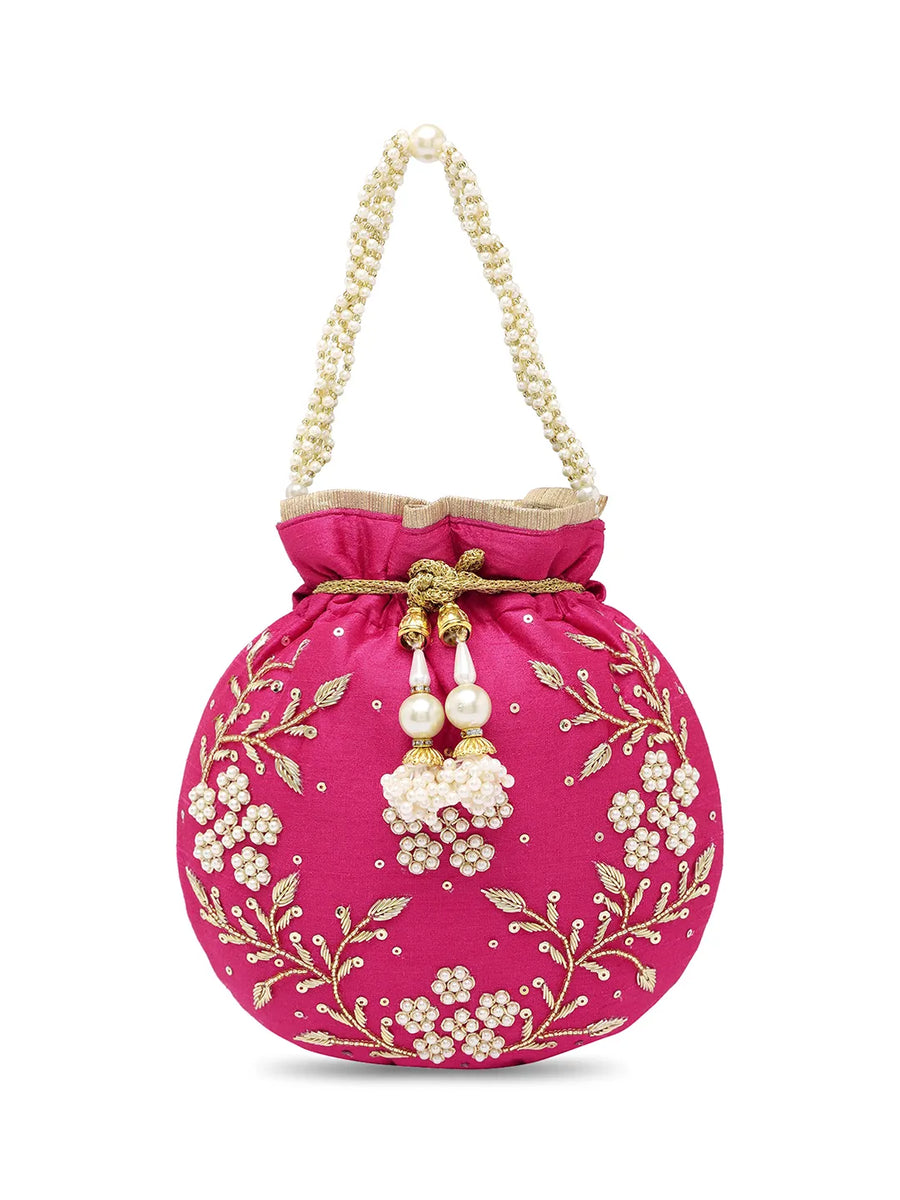 Royal Bloom Embroidered Pearl Potli Bag - Rani Pink