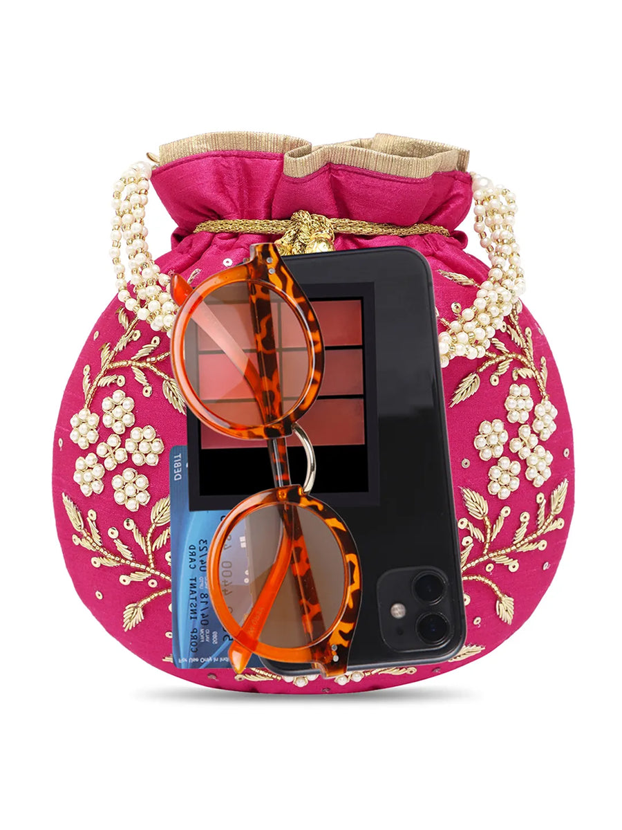 Royal Bloom Embroidered Pearl Potli Bag - Rani Pink