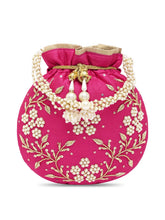 Royal Bloom Embroidered Pearl Potli Bag - Rani Pink