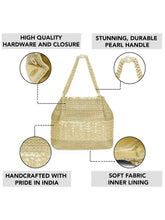 Gold potli bag named Traditional Zari Sequins Potli Bag, featuring artificial beads detailing and soft fabric texture | Peora

