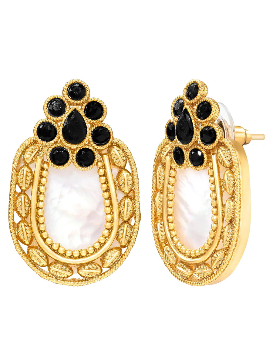 Peora Floral Heritage Black Stone Stud Earrings