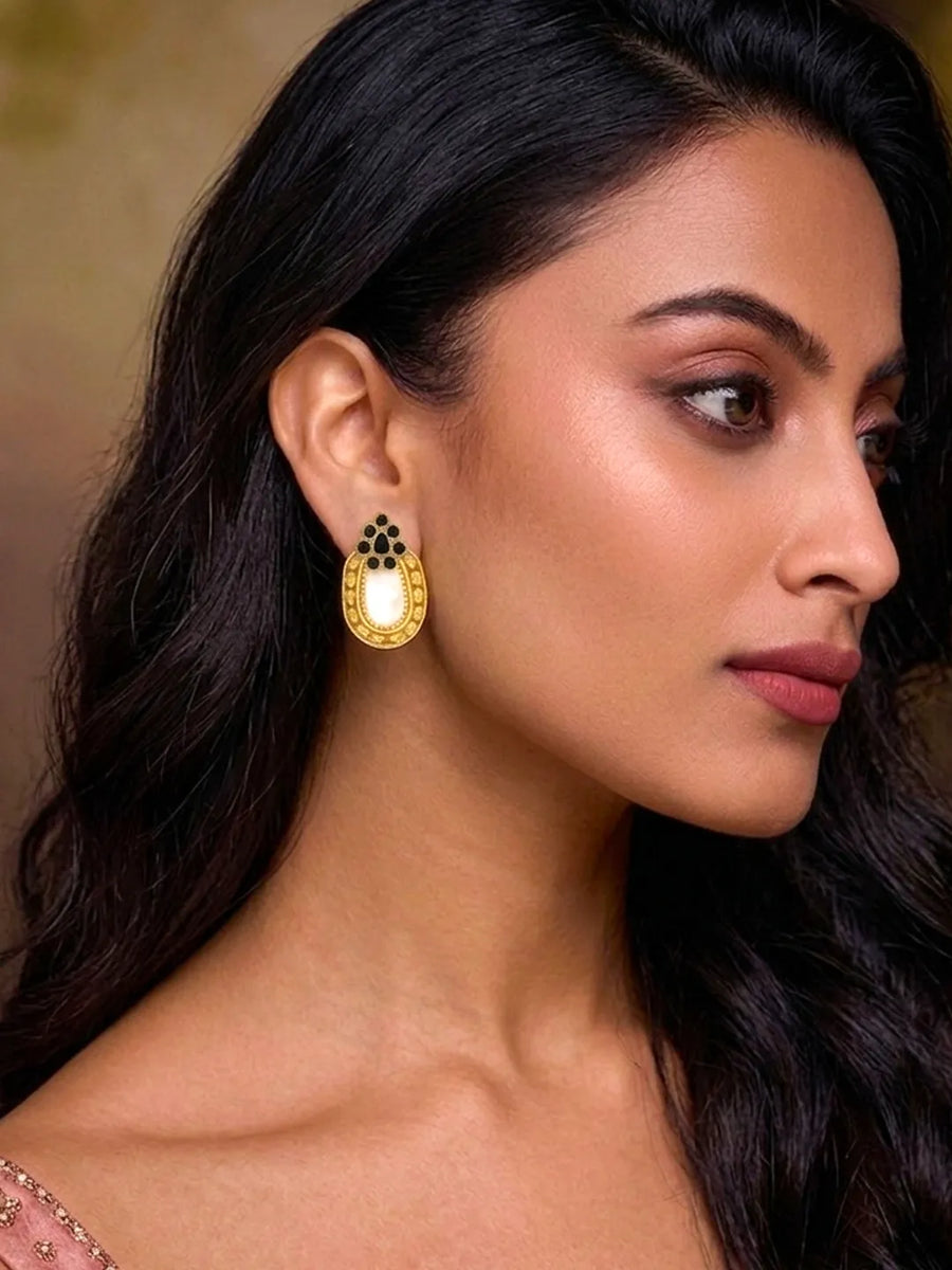 Peora Floral Heritage Black Stone Stud Earrings