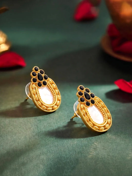 Peora Floral Heritage Black Stone Stud Earrings