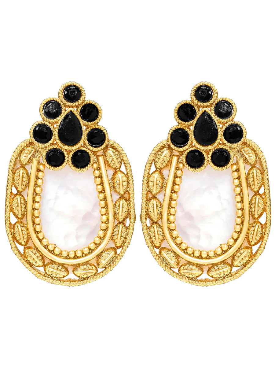 Peora Floral Heritage Black Stone Stud Earrings