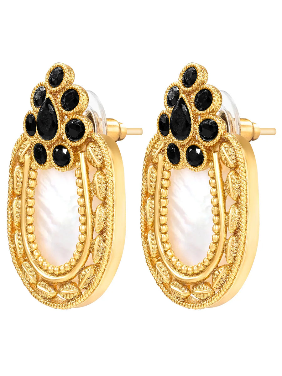 Peora Floral Heritage Black Stone Stud Earrings