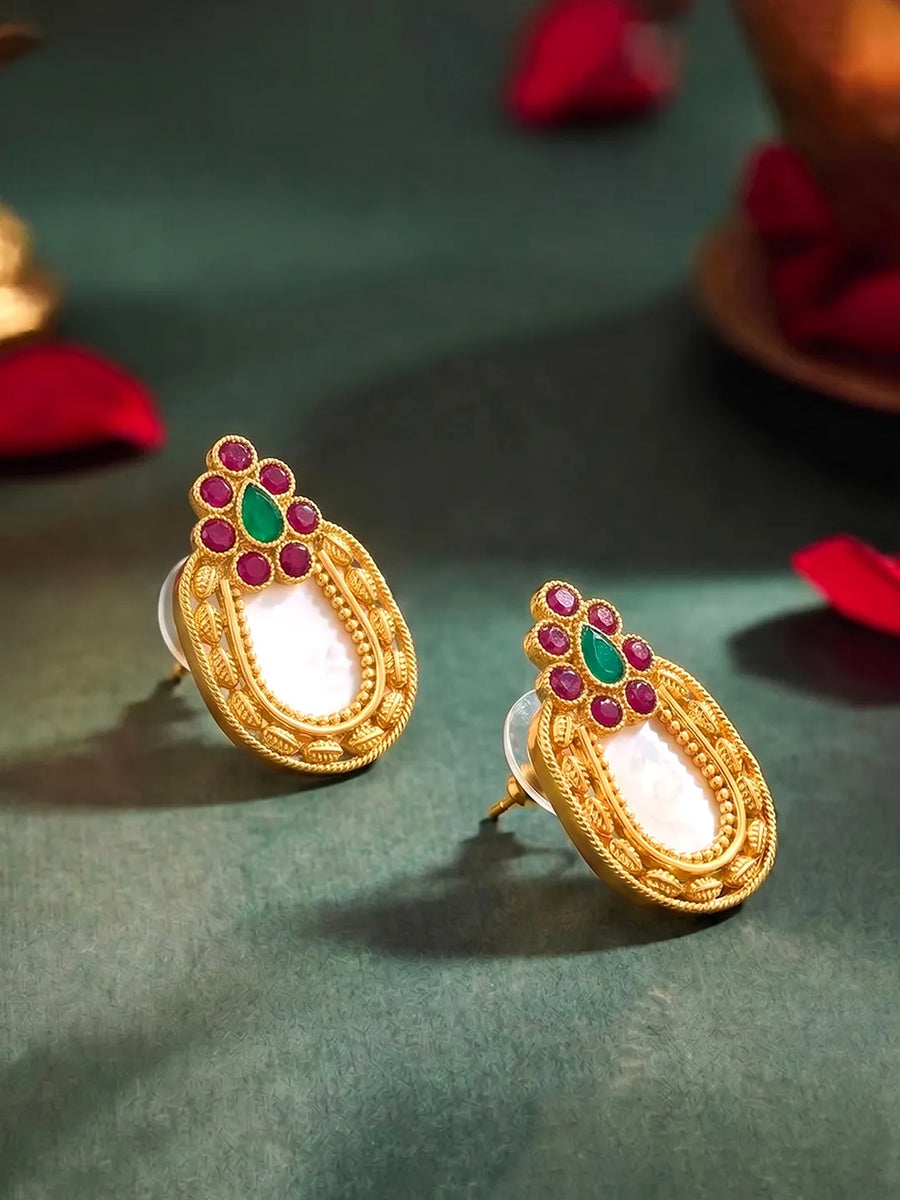Peora Floral Heritage Ruby Green Stone Stud Earrings