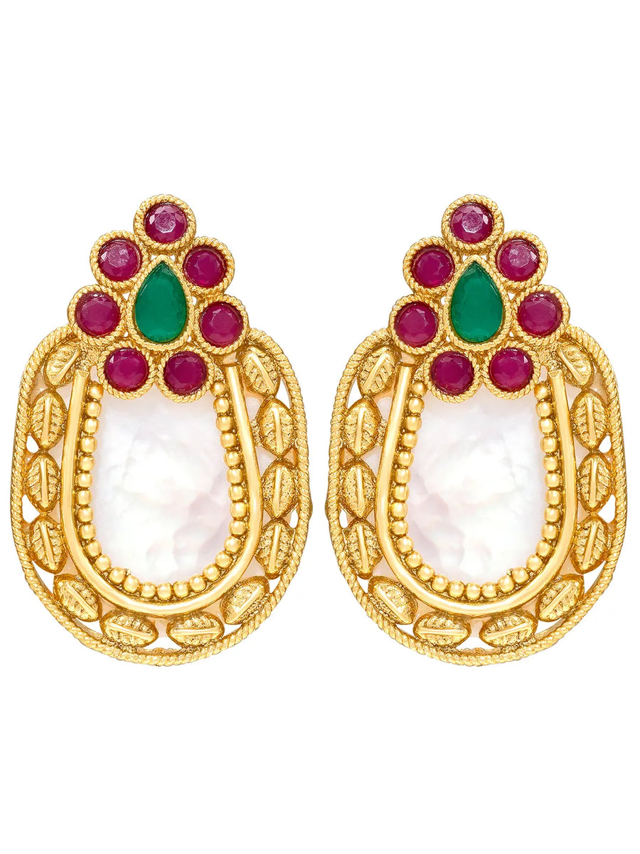 Peora Floral Heritage Ruby Green Stone Stud Earrings
