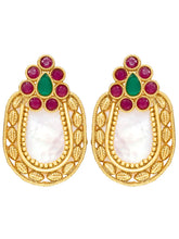 Peora Floral Heritage Ruby Green Stone Stud Earrings