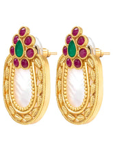 Peora Floral Heritage Ruby Green Stone Stud Earrings