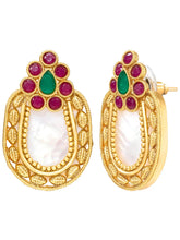 Peora Floral Heritage Ruby Green Stone Stud Earrings