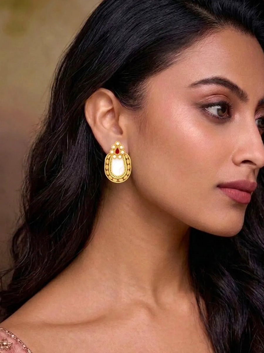 Peora Floral Heritage Ruby Stone Stud Earrings