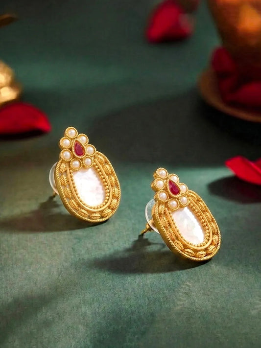 Peora Floral Heritage Ruby Stone Stud Earrings